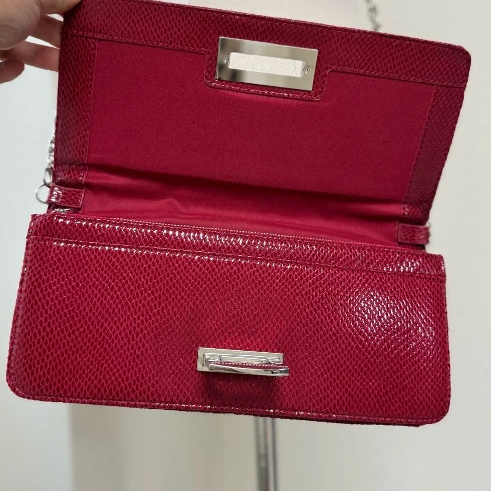 Brand New White House Black Market Burgundy and Silver Leather Crossbody Clutch